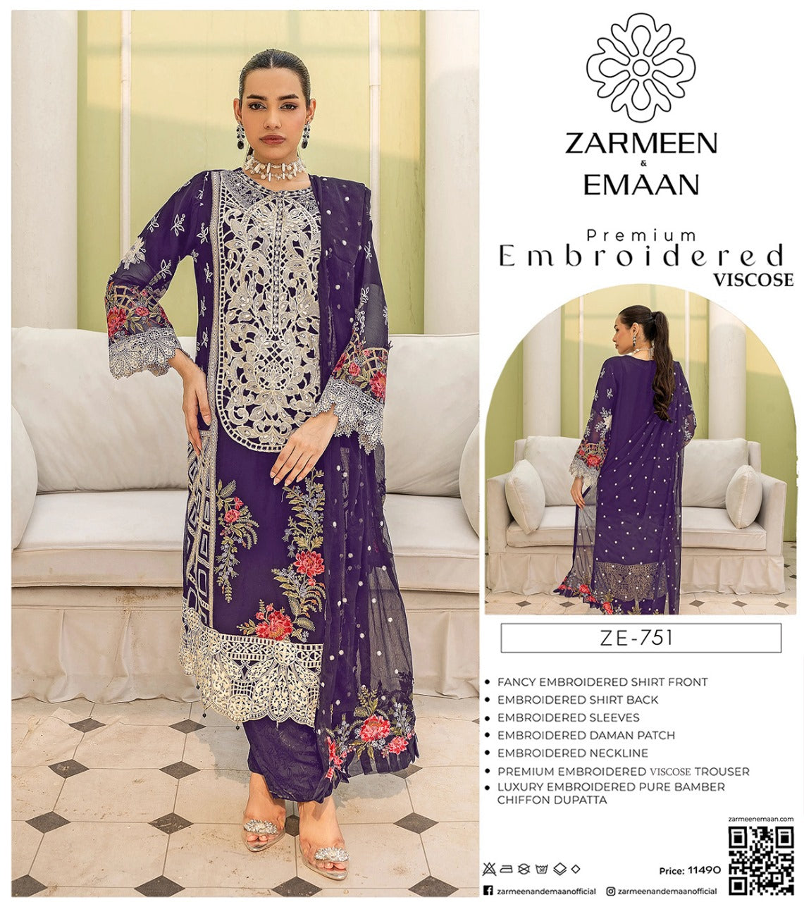 Zarmeen Eman Volume | Neyva Official | Premium Embroidered Viscose 3-Piece Suit